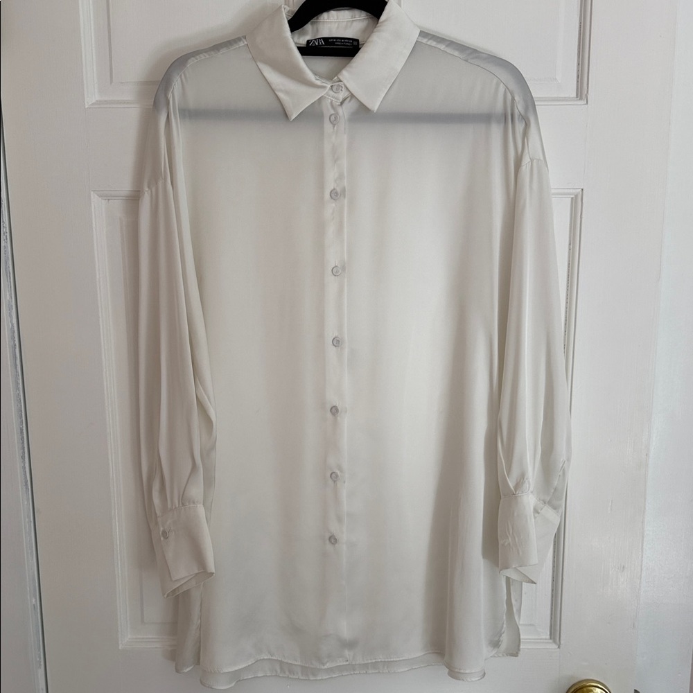 Zara Cream Button-Down Satin Shirt